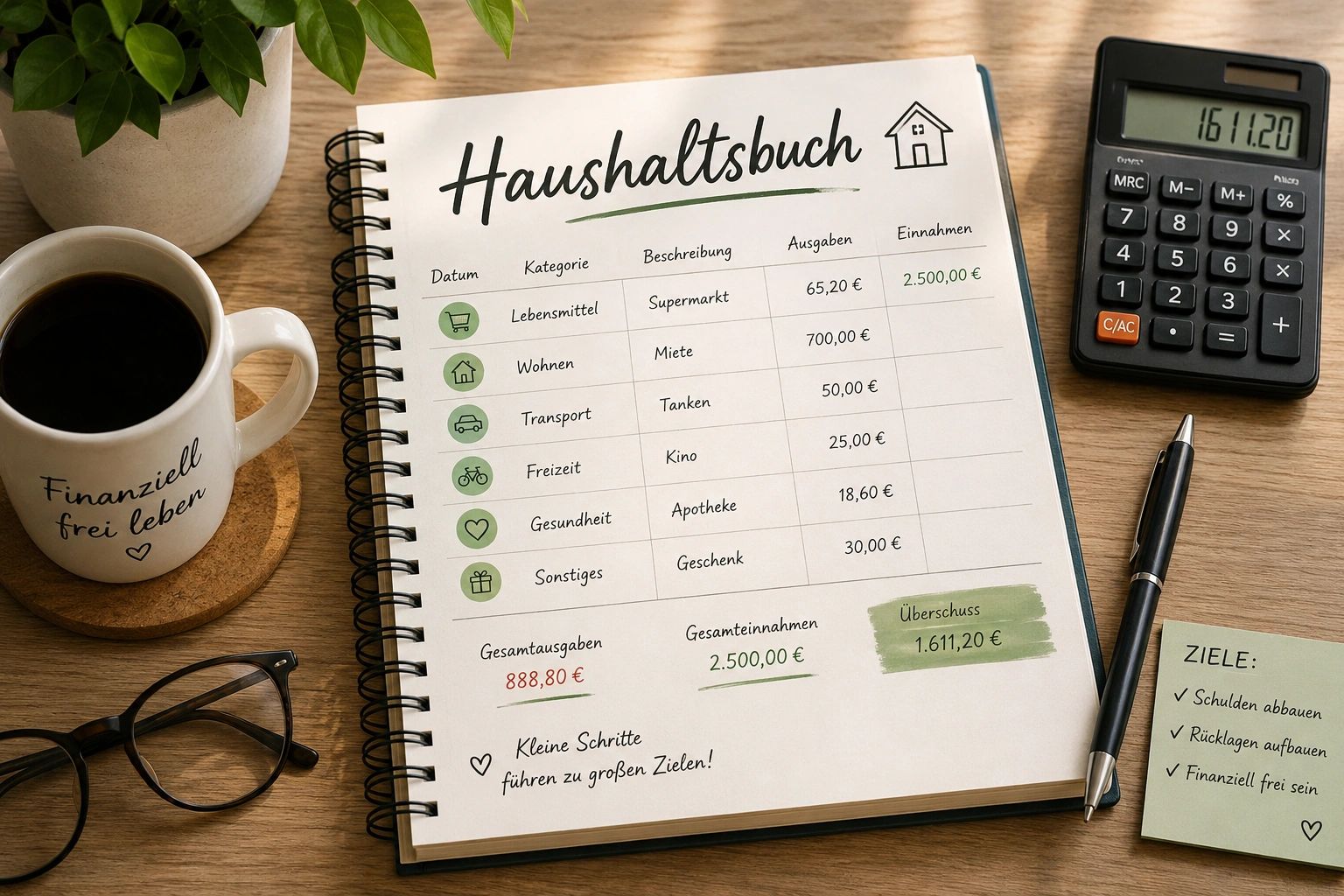 Haushaltsbuch mit Ausgaben, Einnahmen und Zielen.