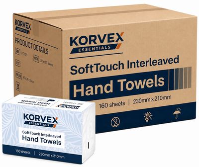Box and pack of Korvex SoftTouch Interleaved Hand Towels.