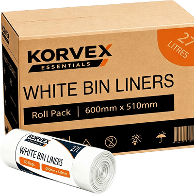 Box of Korvex white bin liners, 27 litres.