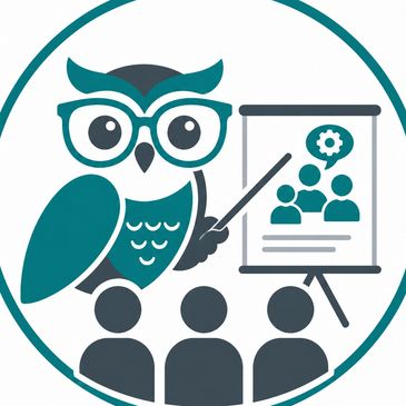 An owl teaching a group with a presentation board.