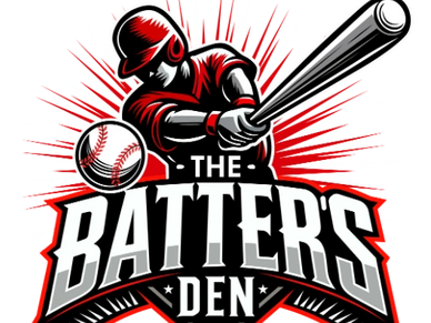 Logo of The Batter's Den featuring a batter and baseball in red and black.