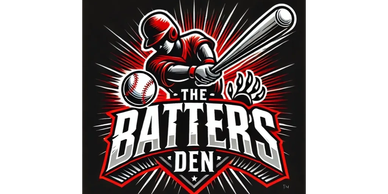 Logo of The Batter's Den with a baseball player swinging a bat.