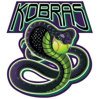 A fierce cobra holding a baseball in its mouth with 'KOBRAS' text above.