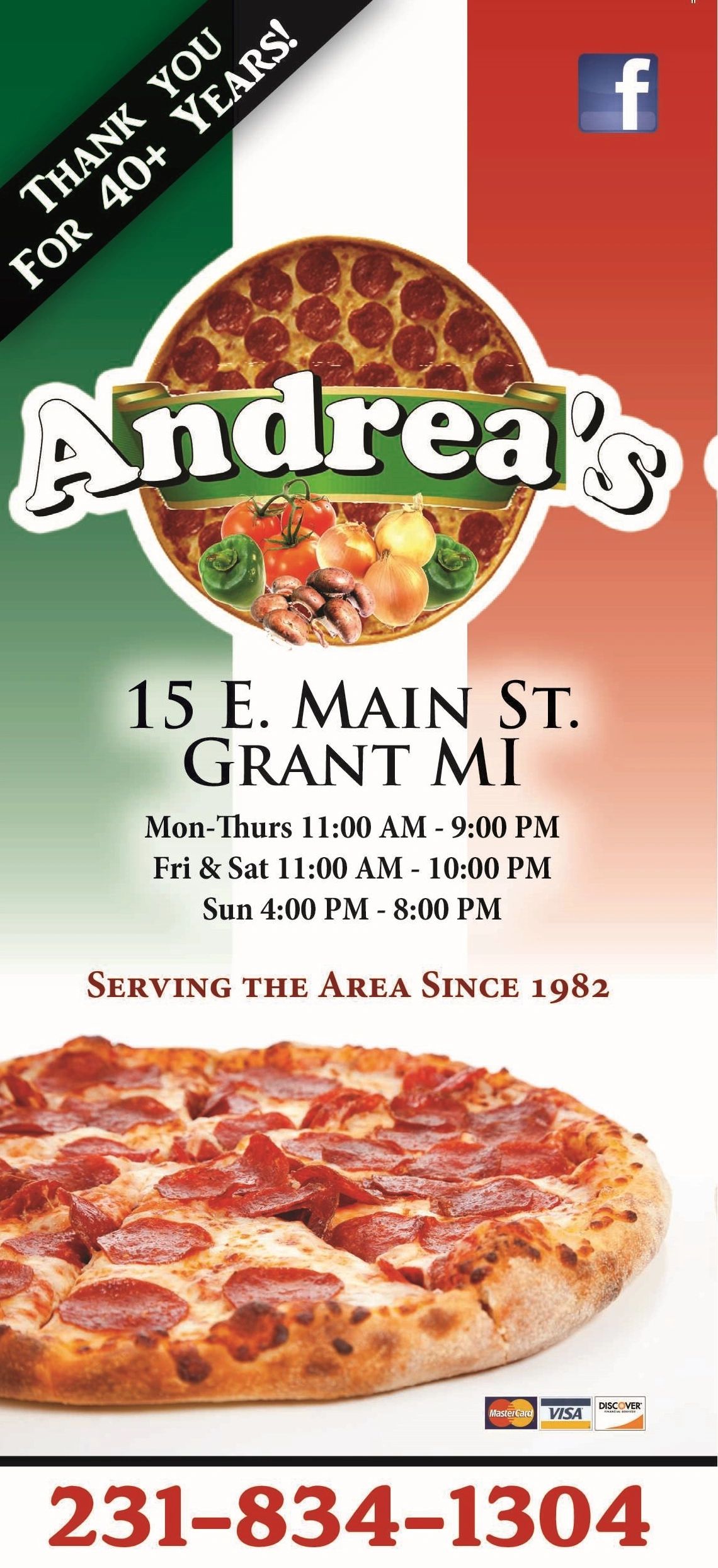 Andreas Pizza's menu with logo, address, hours and location