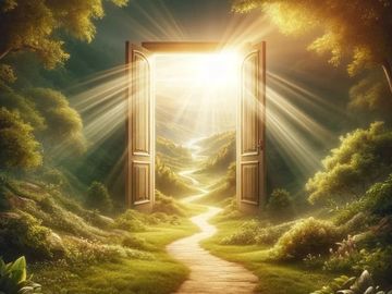A glowing open door with sunlight streaming through in a lush forest.