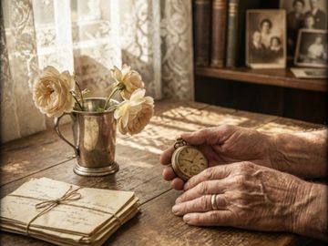 Hands holding a vintage pocket watch near old letters and flowers.