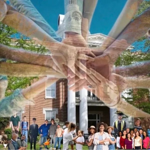 Diverse group of people united with hands joined in front of a classical building.  We hope this page can keep the community up to date about local attractions, community resources and Murfreesboro events.