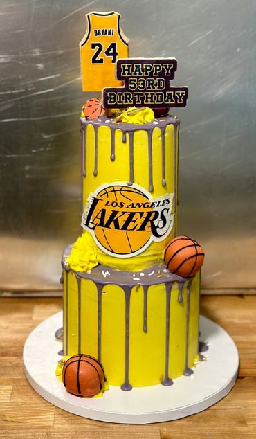 Lakers-themed birthday cake with bold team colors—perfect for basketball fans and celebration!