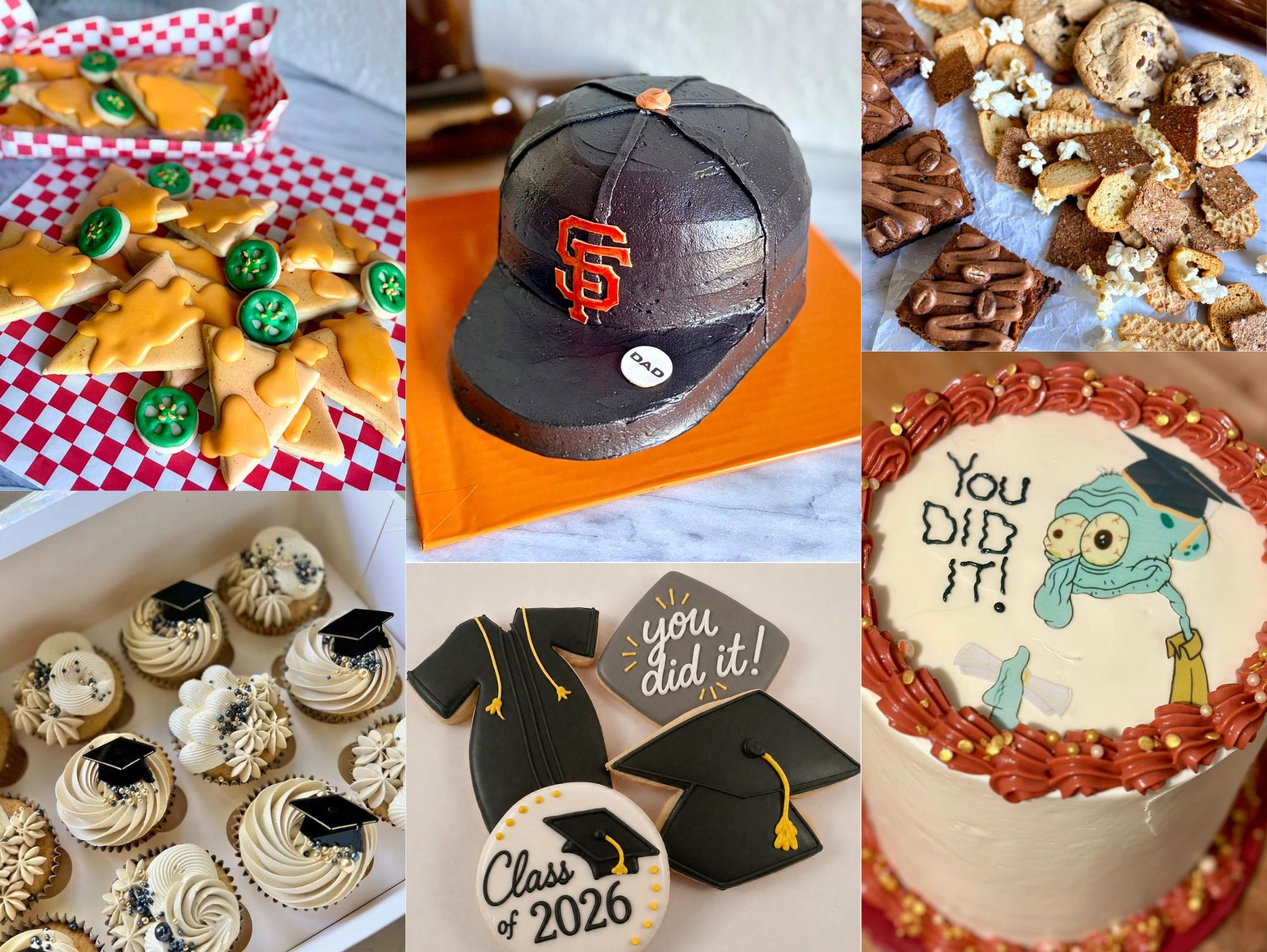 Assorted themed cookies, cupcakes, and a cake with graduation and fun designs.