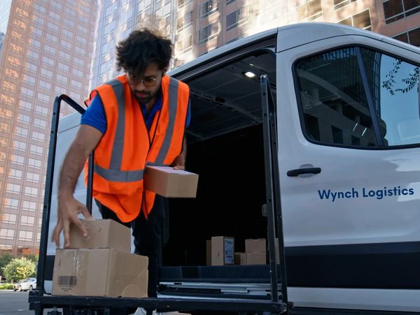 Delivery worker unloading packages from a Wynch Logistics van in a city.