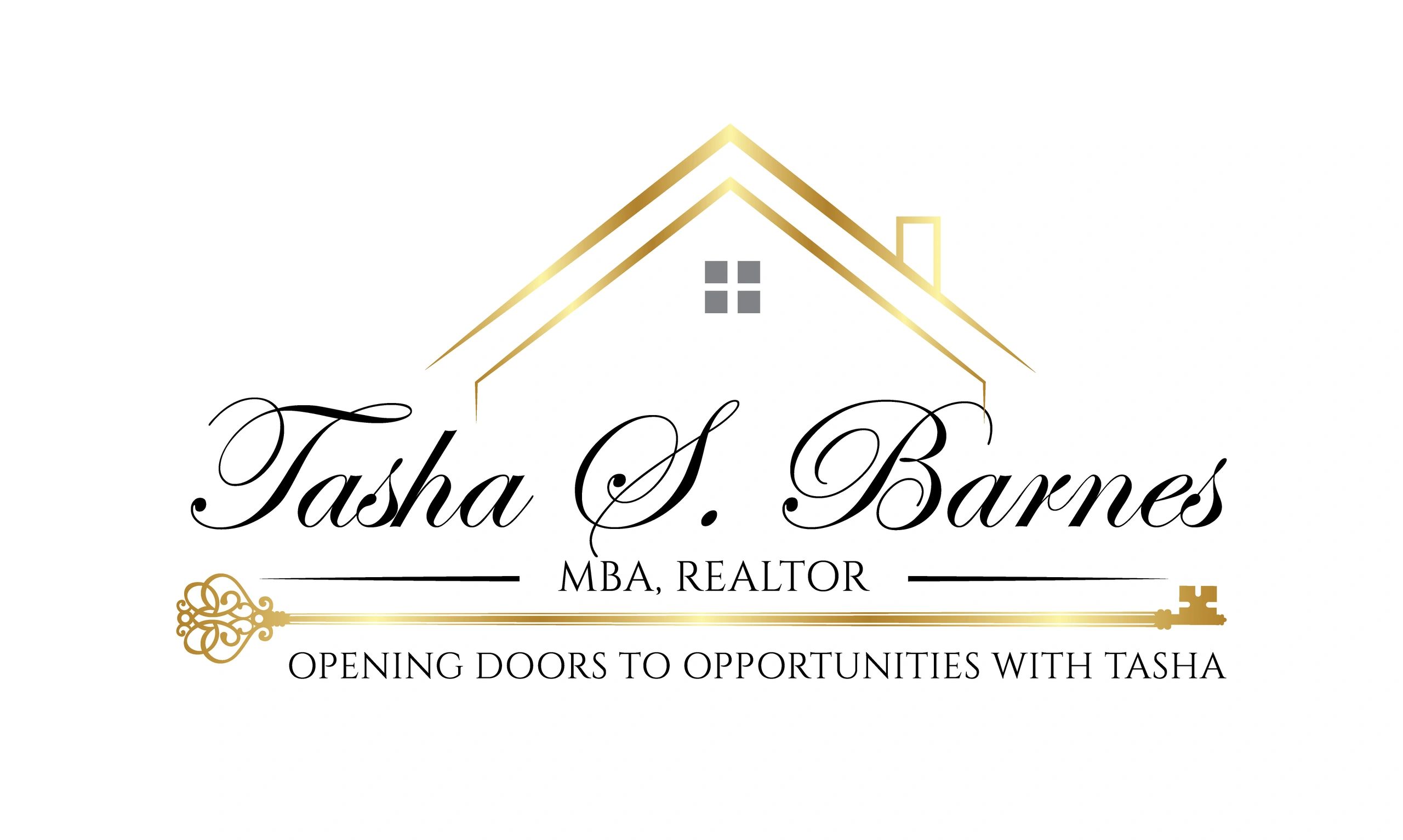 Elegant real estate logo featuring a golden house outline and key, with Tasha S. Barnes' name and slogan.