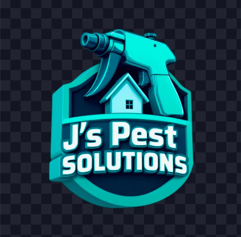 3D logo of J's Pest Solutions with a spray gun and house icon.