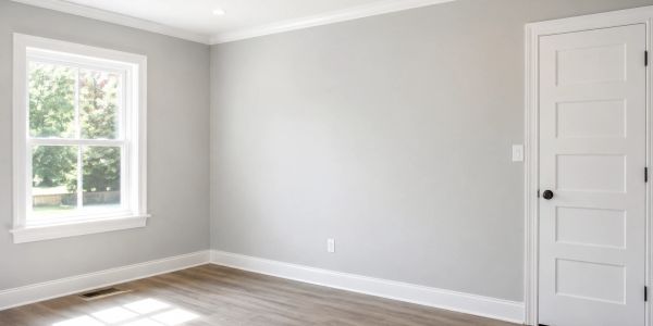 Empty room with gray walls, white door, and a window letting in sunlight.