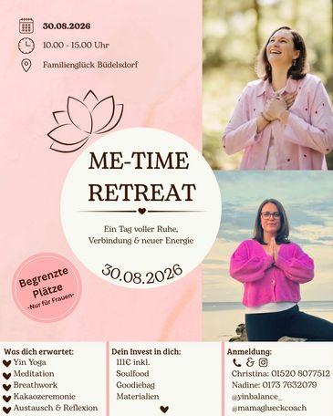 Flyer for a women's Me-Time Retreat event on 30.08.2026 focusing on yoga and meditation.