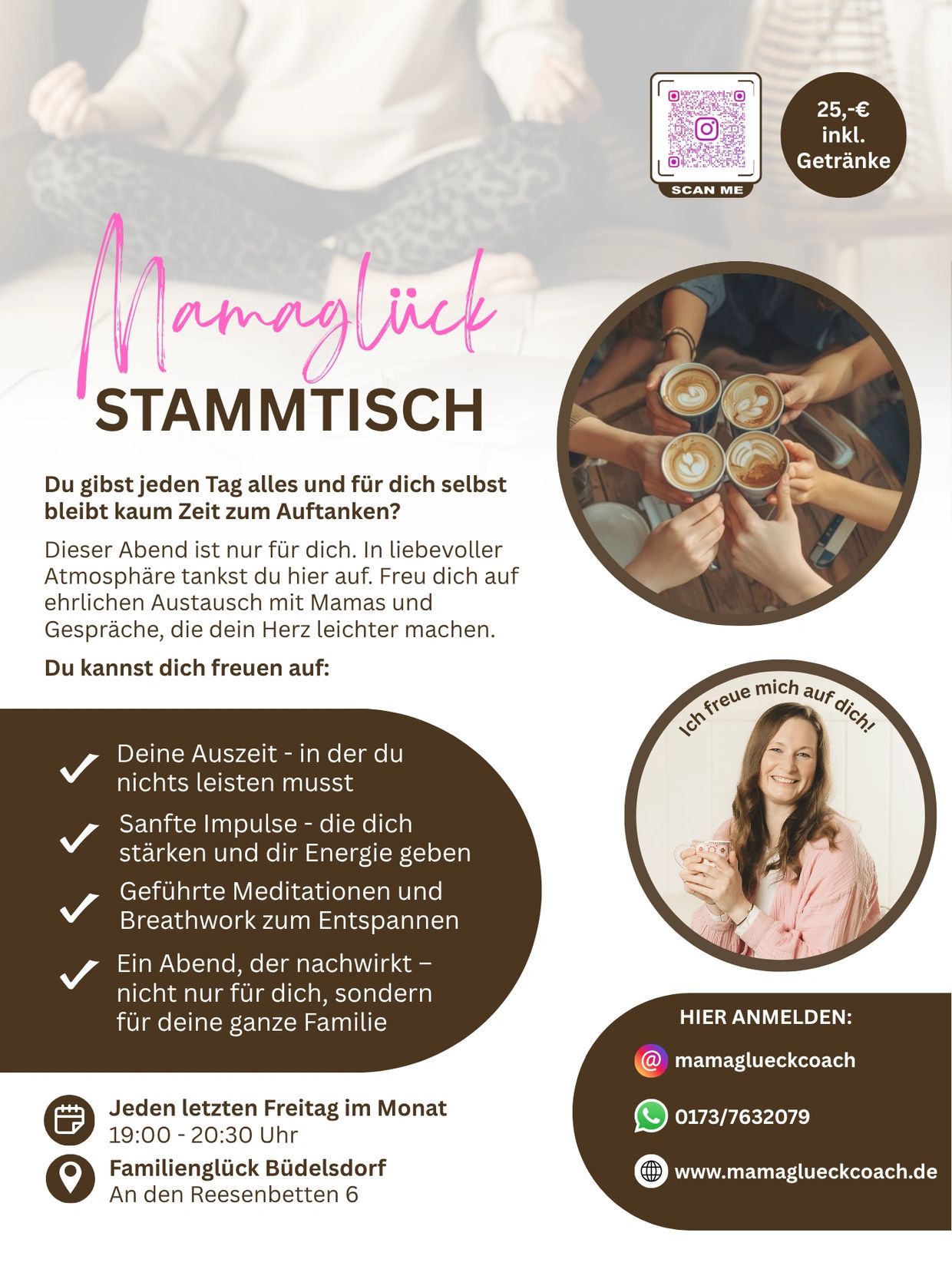 Flyer for Mamaglück Stammtisch, a supportive evening for moms with meditation and conversation.
