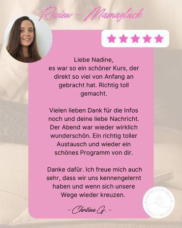 Positive review praising a course led by Nadine with heartfelt thanks from Christina G.
