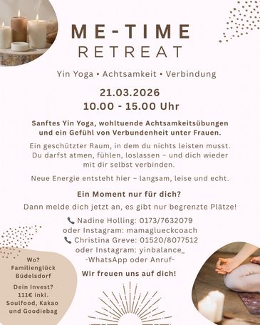 Flyer for a women's Me-Time Retreat with yoga and mindfulness on March 21, 2026.