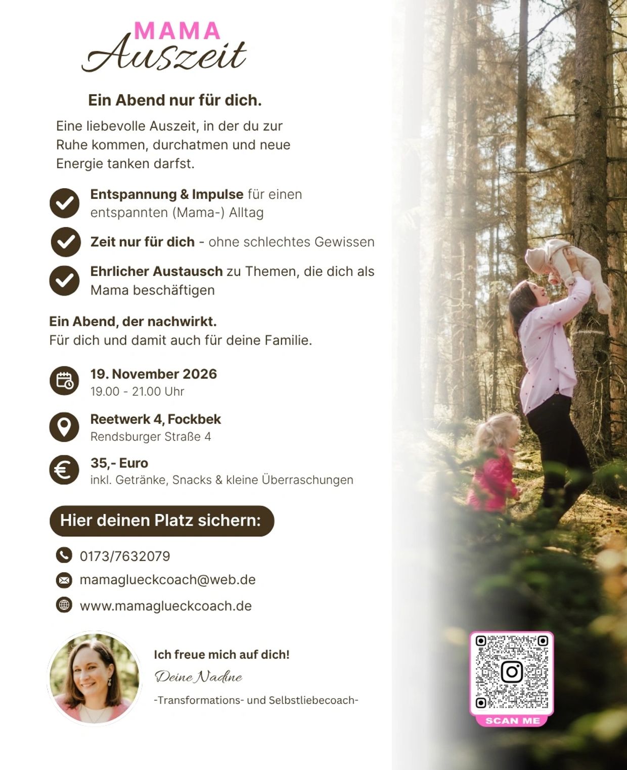 Veranstaltungsflyer für Mama-Auszeit am 19. November 2026 in Fockbek mit Coach Nadine.