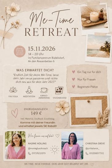 Flyer für Me-Time Retreat am 15.11.2026 mit Yoga und Meditation.
