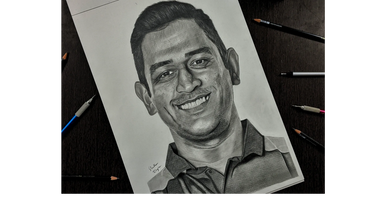 MS Dhoni realistic pencil sketch drawn by Artist Shubham Dogra on A3 size paper.