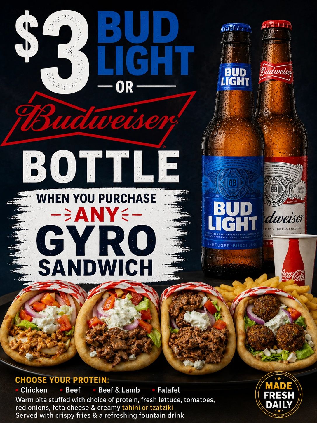 $3 Bud Light or Budweiser bottle with any gyro sandwich purchase.
