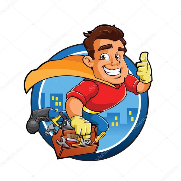 Cartoon handyman superhero with tools giving a thumbs up.
