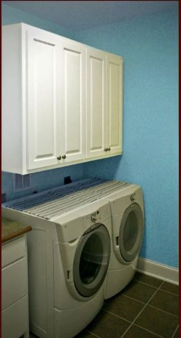 Washing machine and white cabinets in the laundry room