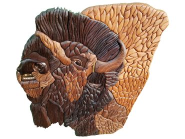 Bison with nose raised, sniffing the air. 3D, made from various varieties of wood, no paint/stain.