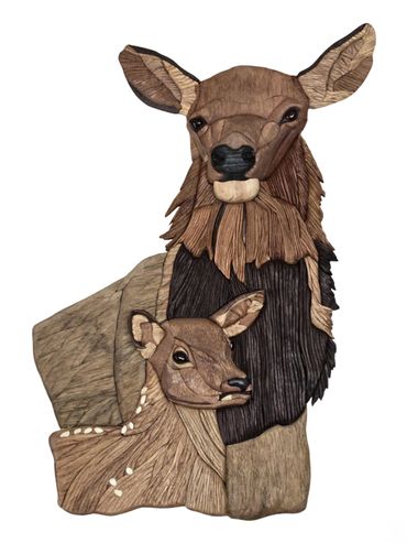 Wooden artwork of a female elk and calf. Slightly 3D, made from varieties of wood, no paint or stain