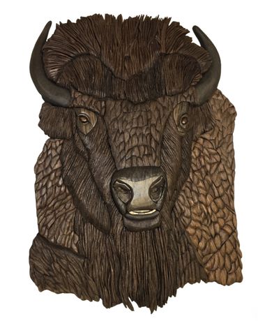 Wooden artwork of an adult Bison, head. Slightly 3D, made from various varieties of wood, no paint o