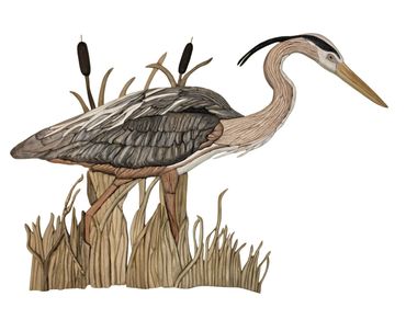 Wooden artwork of a Blue Heron.  Slightly 3D, made from various varieties of wood, no paint or stain