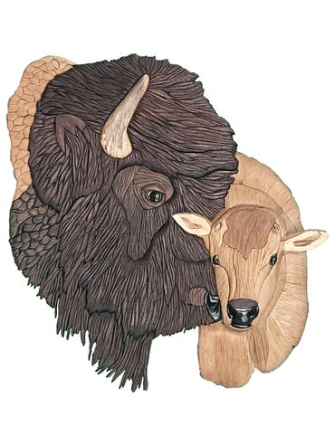 Female bison and her calf. 3D, made from various varieties of wood, no paint/stain.