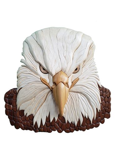 Stern-looking Bald Eagle. Slightly 3-D, made from various varieties of wood, no paint or stain.