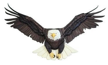 Bald Eagle coming in for a landing.  3-D, made from various varieties of wood, no paint/stain.