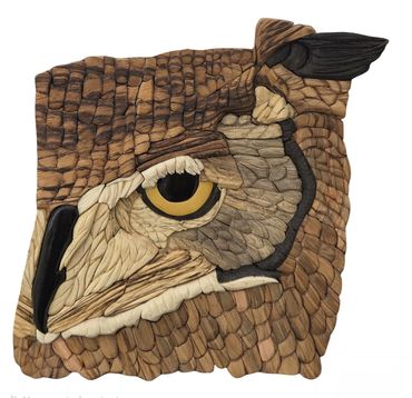 Wooden artwork shows half face of owl.  Slightly 3D, made from varieties of wood, no paint or stain.