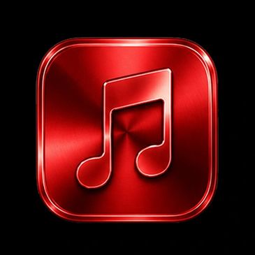Shiny red music note icon on black background.