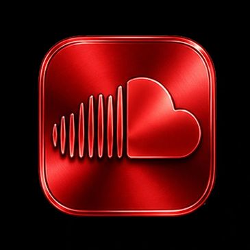 Metallic red SoundCloud logo with a heart shape on black background.