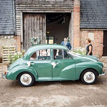 Green morris minor wedding car