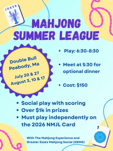 Mahjong Summer League event details with dates, location, and prizes.