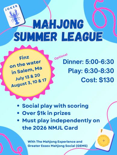 Mahjong Summer League in Salem with social play, prizes, and dinner.