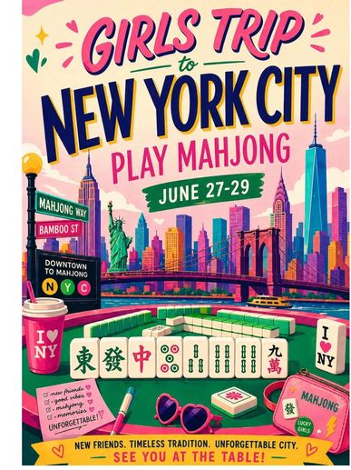 Colorful poster inviting girls to a New York City mahjong trip, June 27-29.