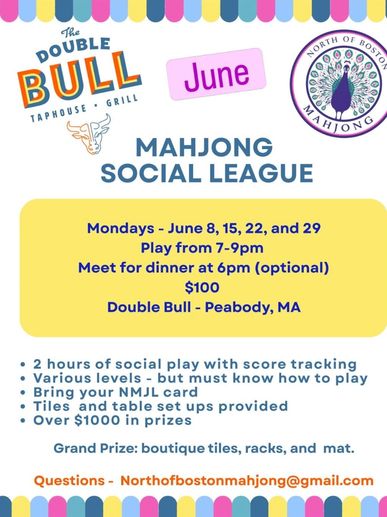 Flyer for June Mahjong Social League at Double Bull in Peabody, MA.