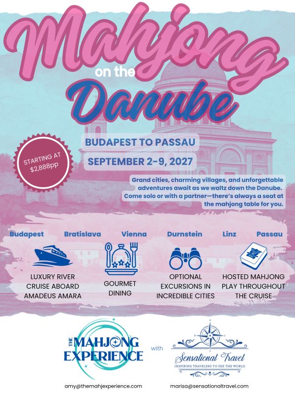 Mahjong river cruise from Budapest to Passau, Sept 2-9, 2027.
