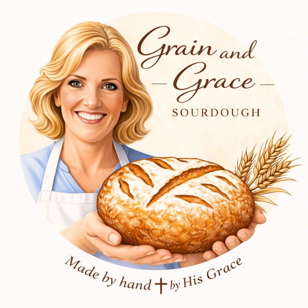 Smiling woman holding sourdough bread with wheat and logo text.