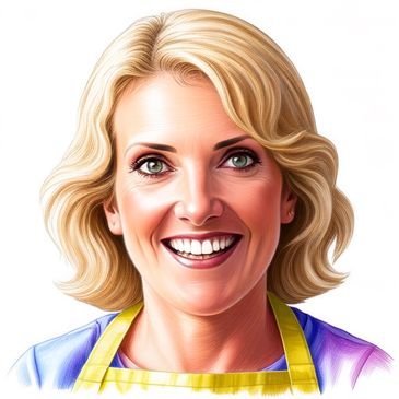 Smiling woman with blonde hair wearing a yellow apron.
