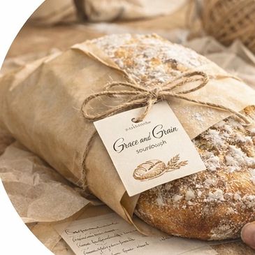 Rustic basket with fresh bread, wheat stalks, and a notebook with pencil.