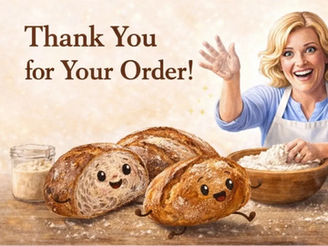 Thank you message with smiling bread loaves and a baker waving.