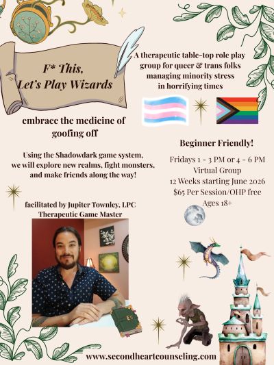 Flyer for a therapeutic queer and trans tabletop RPG group using Shadowdark game system.