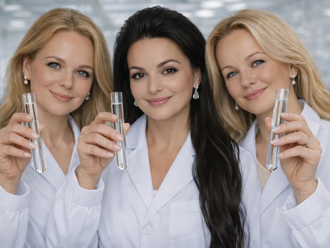 Three female scientists smiling and holding test tubes with clear liquid in a lab.