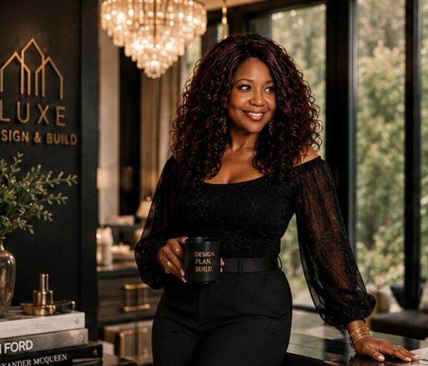 Woman in black holding a mug in a stylish office.